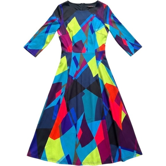 DRESS TELLS Dresses & Skirts - Colorblock Geometric Fit Flare Midi Dress Tie Waist Neon Abstract Retro M